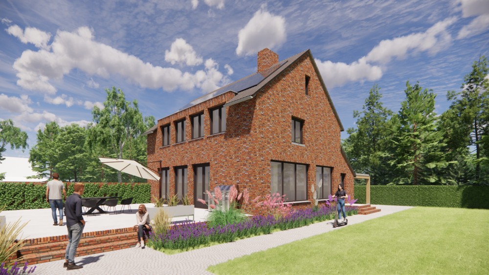 3D Render van woning met zadeldak in gegolfde dakpannen en roodbruin metselwerk met dakkapel 5