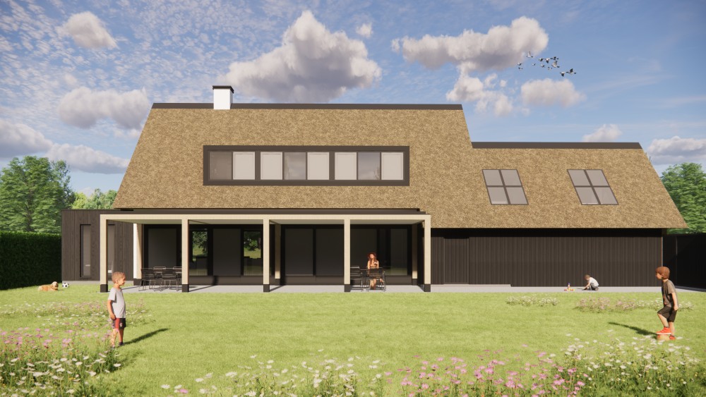 3D Render van landelijke woning met rieten kap, witte gevels en houten accenten 5