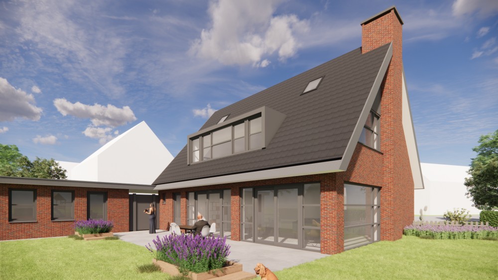 3D Render van moderne vrijstaande woning in metselwerk met zadeldak en vlakke dakpannen 5