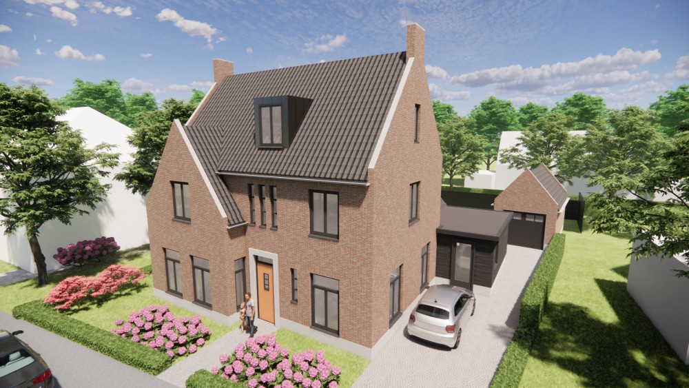 3D Render van kempisch vrijstaand woonhuis met metselwerk gevels, zadeldak en gegolfde dakpannen 5
