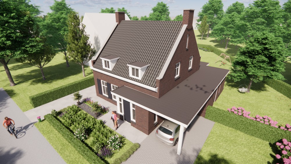 3D Render van vrijstaande jaren 30 nieuwbouw met metselwerkgevel, zadeldak en dakkapel 7