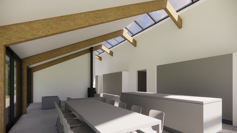 Interieur van schuurwoning met houten gevel en donker felsplaten zadeldak 2