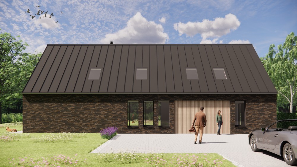 3D Render van schuurwoning met houten gevels, metalen zadeldak en overdekt terras 6