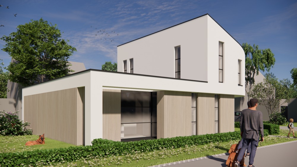 3D Render van moderne woning met houten gevels, wit pleisterwerk en lessenaarsdak 4