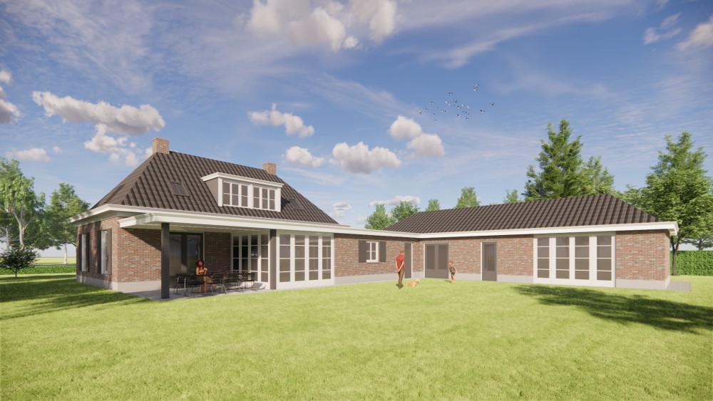 3D Render van traditionele notariswoning met metselwerkgevels, luiken en schilddak 3