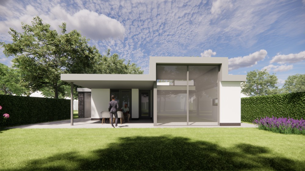3D Render van vrijstaande kubistische woning met pleisterwerk en plat dak 5