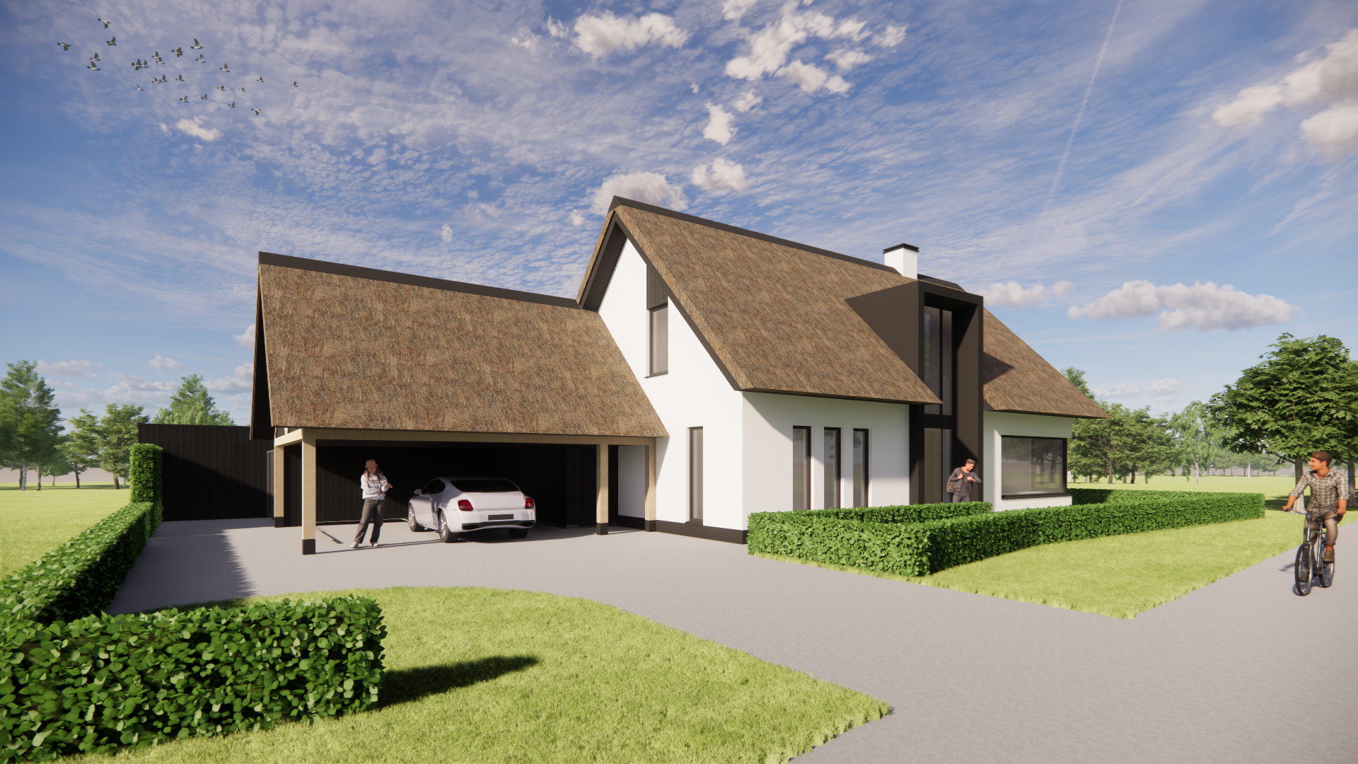 3D render van Landelijke woning met rieten kap, witte gevels en houten accenten