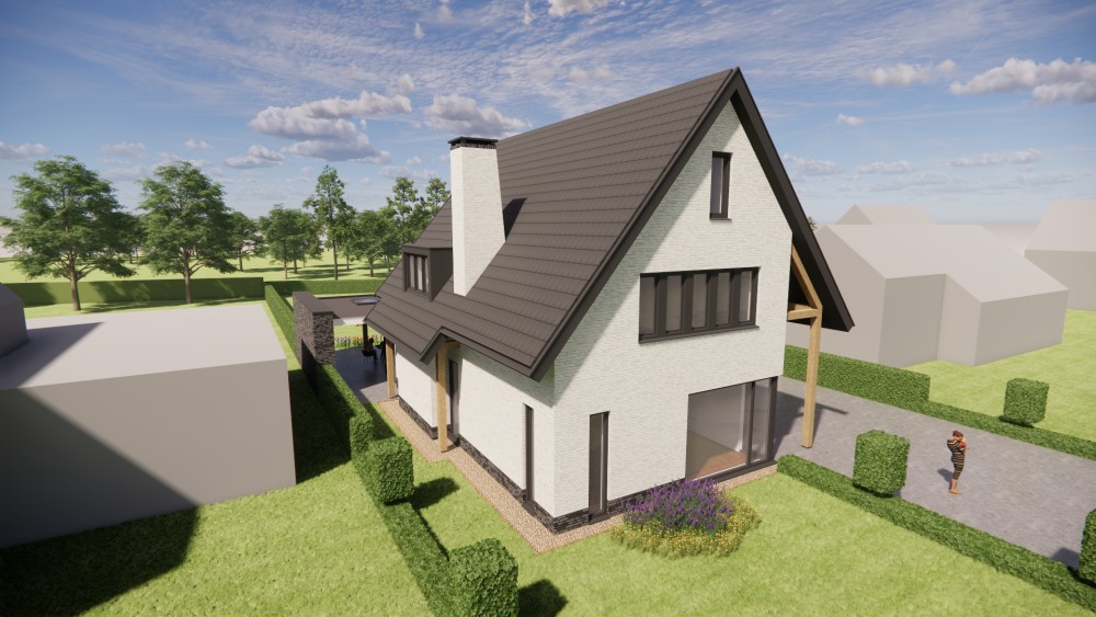 3D Render van moderne vrijstaande woning met gekeimd metselwerk en zadeldak met vlakke dakpan 8