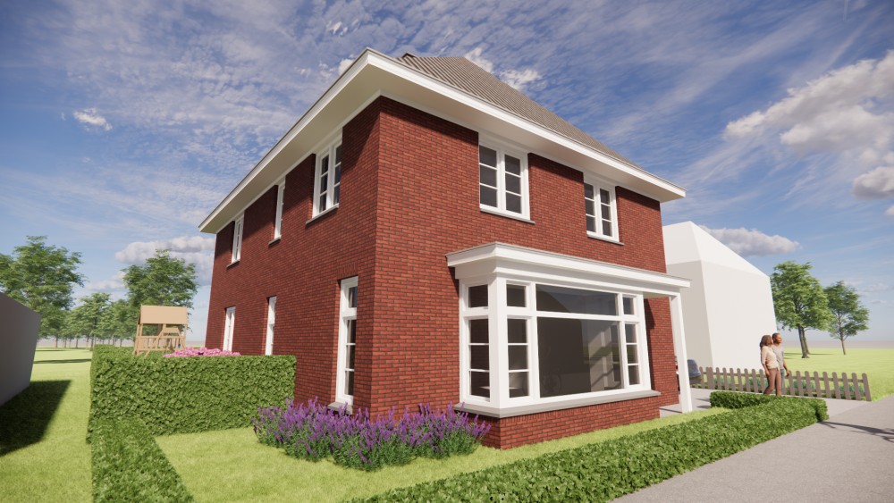 3D Render van vrijstaande notariswoning met metselwerk gevels en klassiek schilddak 4