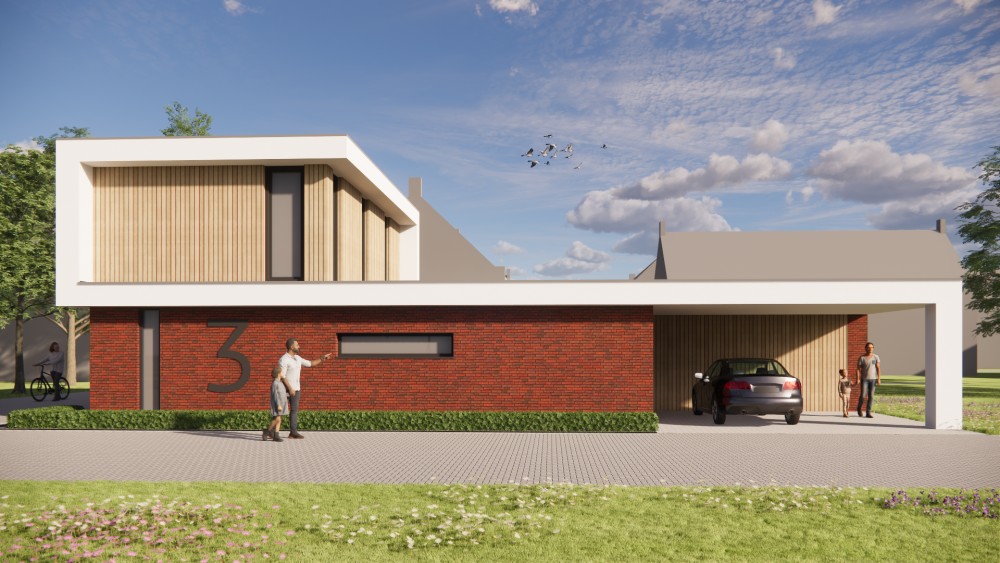 3D Render van kubistische woning met wit pleisterwerk, houtaccenten en strak vormgegeven buitenruimte 4