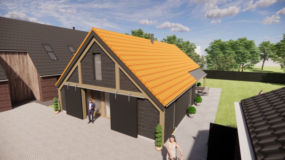 Afbeelding van Vrijstaande schuurwoning met houten gevel, zadeldak met vlakke dakpannen en overdekte entree - 68a113fc-7bc2-4630-9f56-0b4bb4d73e05