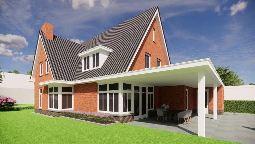 3D Render van vrijstaande jaren 30 woning met rood metselwerk, zadeldak met gegolfde dakpannen en dakkapel 5