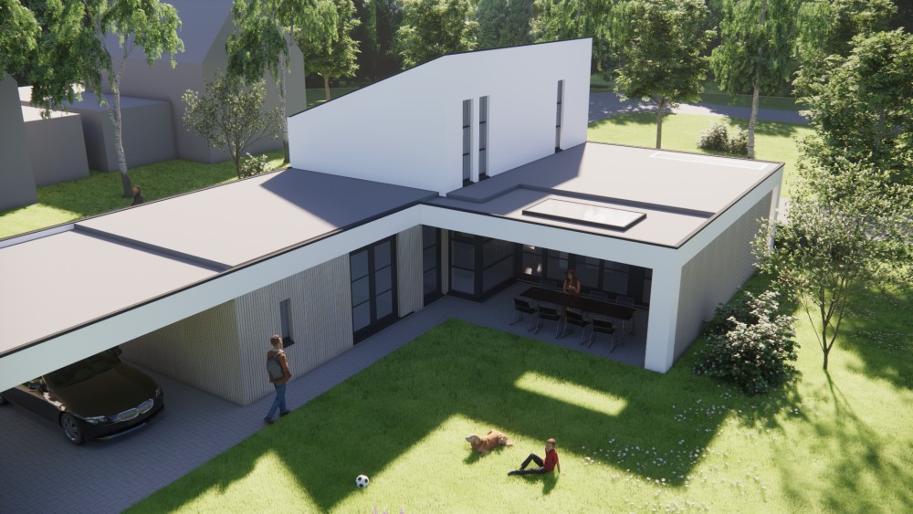 3D Render van moderne woning met houten gevels, wit pleisterwerk en lessenaarsdak 8