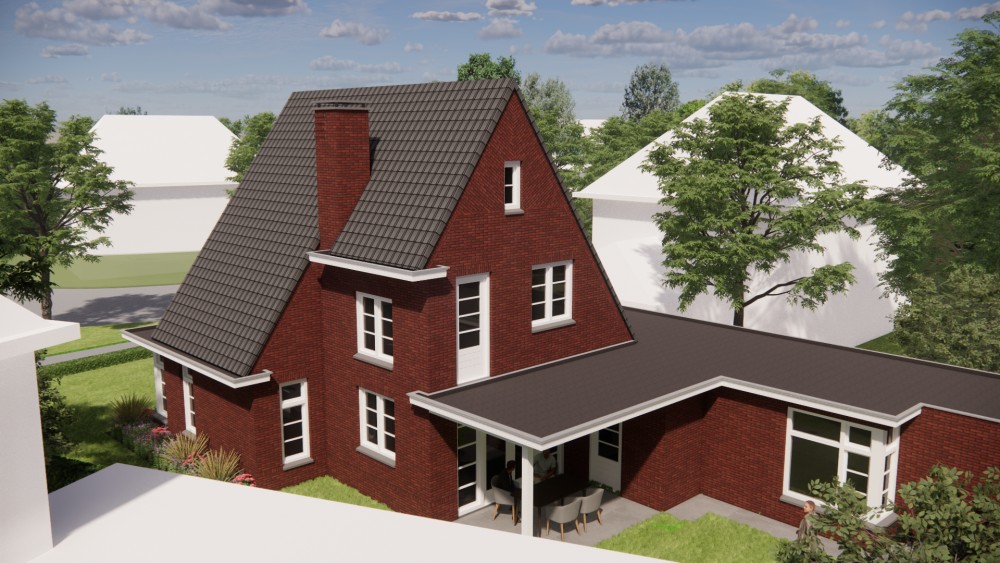 3D Render van vrijstaande woning in jaren 30 stijl met metselwerk gevels en zadeldak met gegolfde dakpannen 9