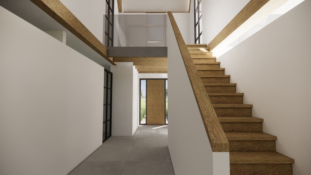 Interieur van moderne schuurwoning met strak pleisterwerk en houten accenten 2