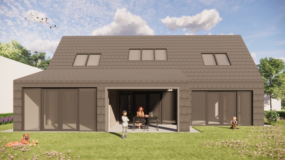 3D Render van schuurwoning met zadeldak, donkere gevelsteen en houten accenten 6