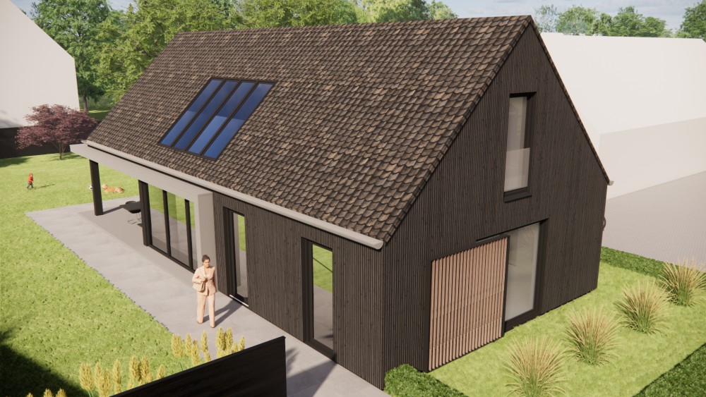 3D Render van schuurwoning met houten gevels en zadeldak met gegolfde dakpannen 7