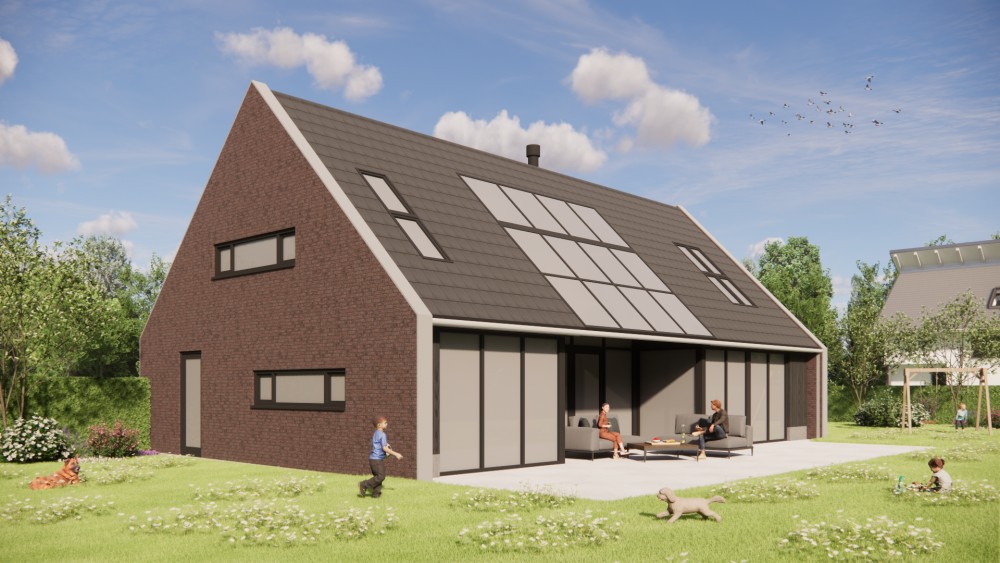 Afbeelding van Moderne woning met zadeldak, metselwerk en doorlopende kozijnen - d6cf78ff-81a3-4cb5-aa7c-3de8e3a7e72c