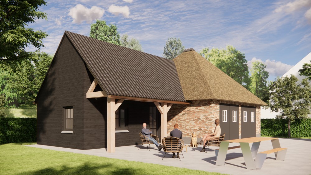 3D Render van boerderijwoning met rieten wolfsdak en houten accenten 4