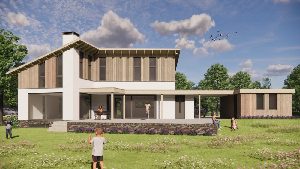3D Render van duurzame woning met houten gevels, groendak en dakoverstek 6