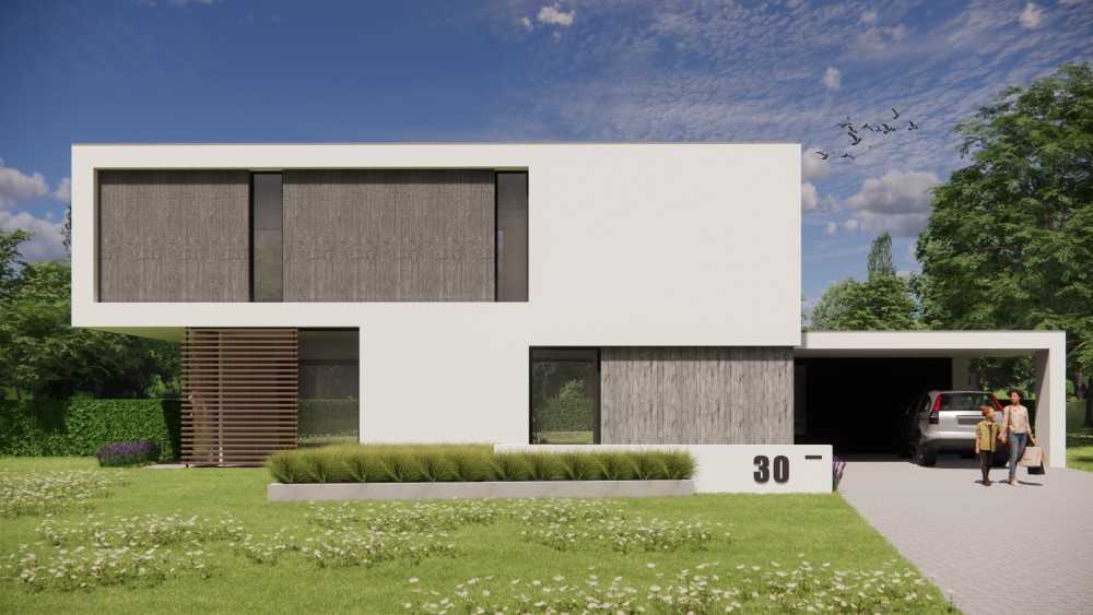 Afbeelding van Strakke kubusvormige woning met wit stucwerk en houten geveldelen - b49620ef-dcd1-4794-96dd-0a225a9bc3d4