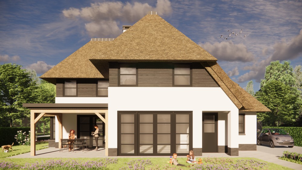 3D Render van landelijke villa met rieten wolfsdak en witgepleisterde gevels 6