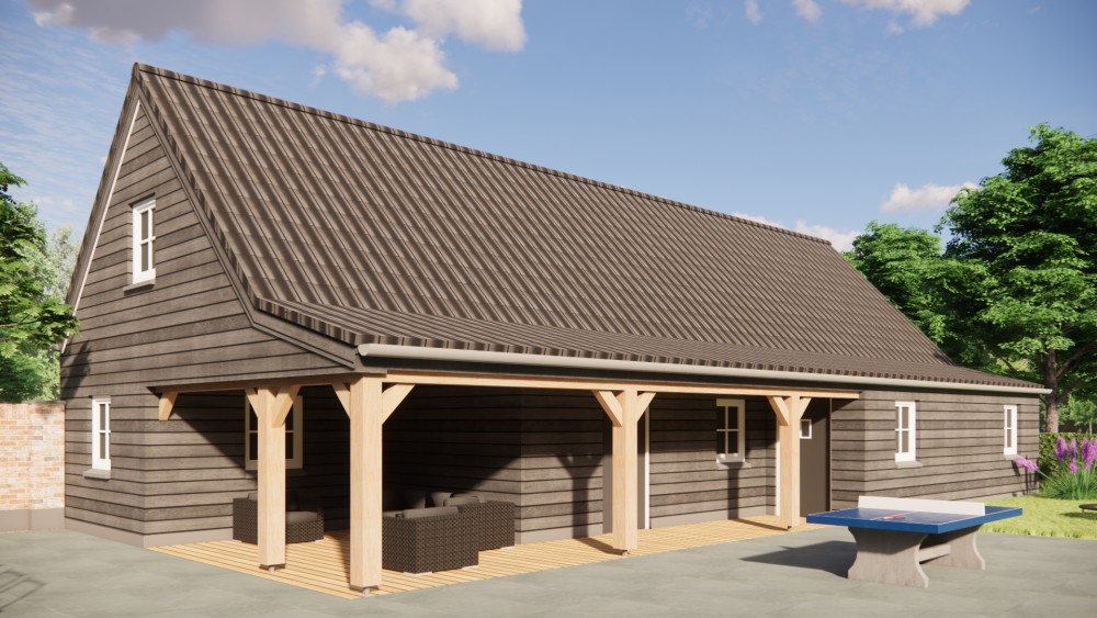 3D Render van vrijstaande schuurwoning met schilddak in metselwerk en hout 9