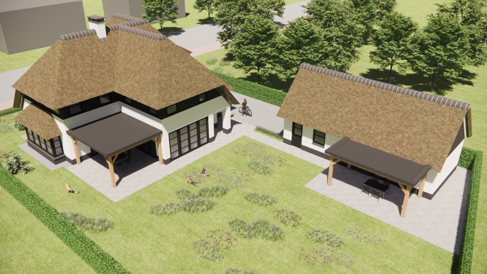 3D Render van landelijke villa met rieten wolfsdak en witgepleisterde gevels 10