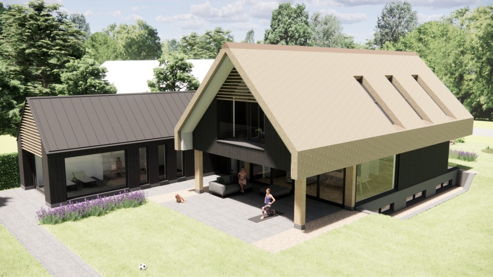 3D Render van moderne zwarte houten schuurwoning met zadeldak 8