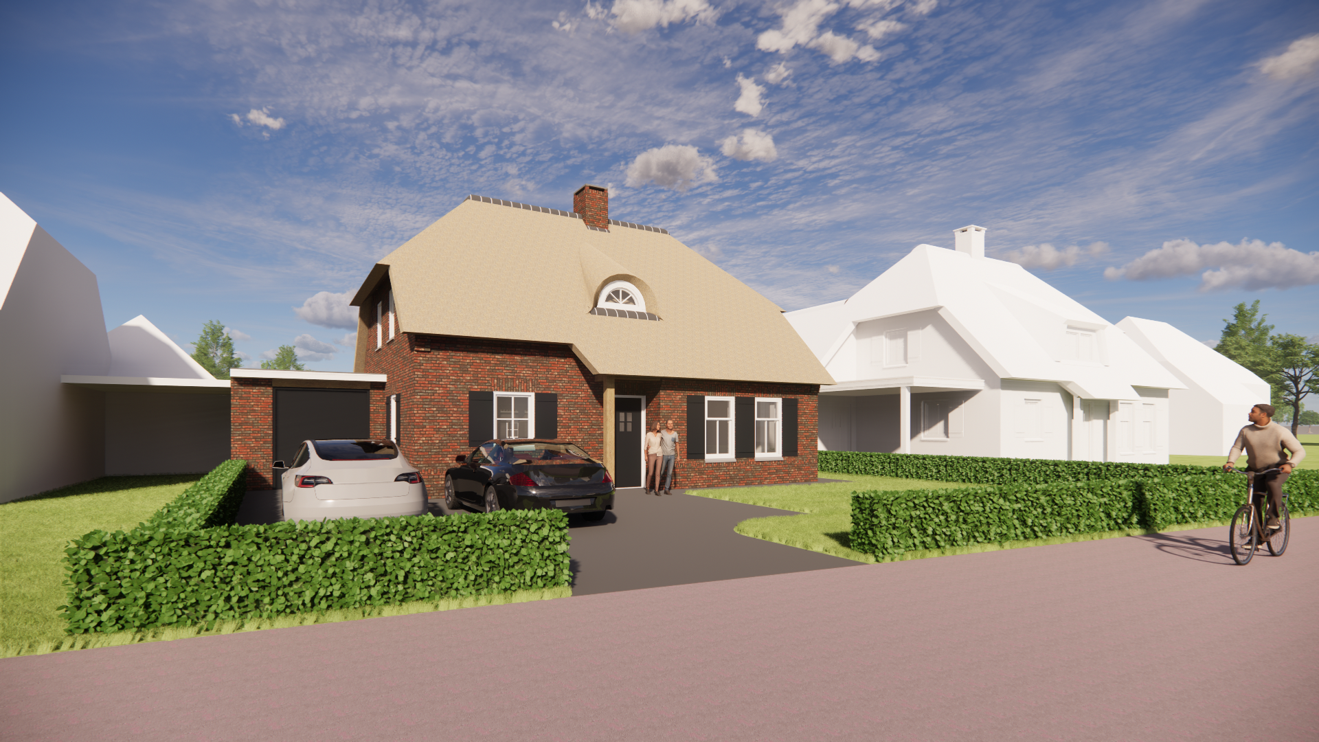 3D render van Boerderijwoning met rieten wolfsdak, metselwerk gevels en klassieke luiken