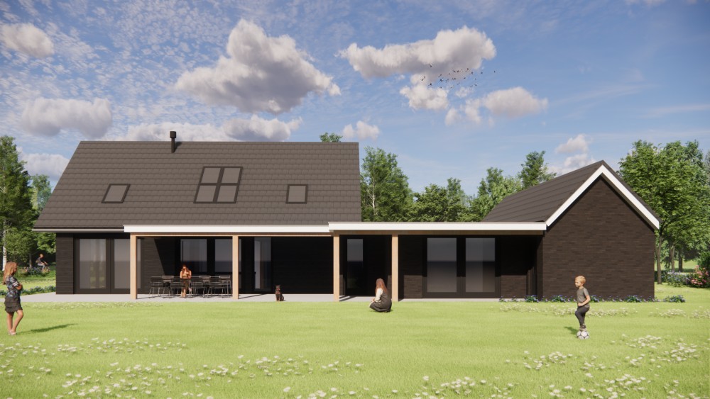 3D Render van eigentijdse schuurwoning met houten gevel en royale dakoverstek 6