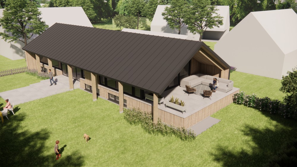 3D Render van moderne schuurwoning met houten gevel felsplaat zadeldak en overstekken 5