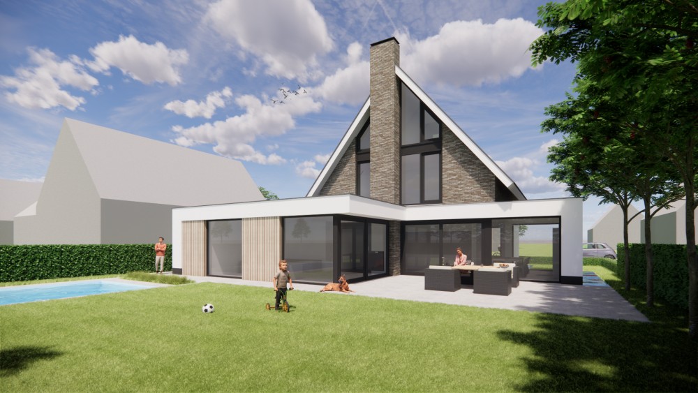 Afbeelding van Woning met wit stucwerk, houten accenten en overstekend zadeldak - 9f322150-9345-4a07-b722-9e94f3242671