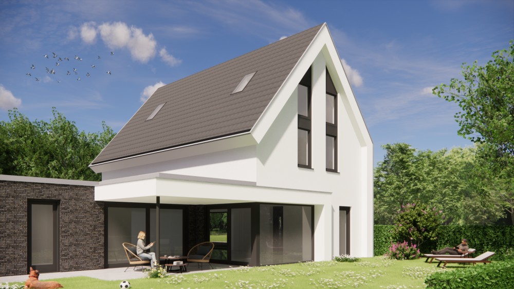 Afbeelding van Witgepleisterde moderne woning met vlakke dakpannen en royale dakoverstekken - 320dc6f6-3b98-47cc-b1a6-2901bcad00aa
