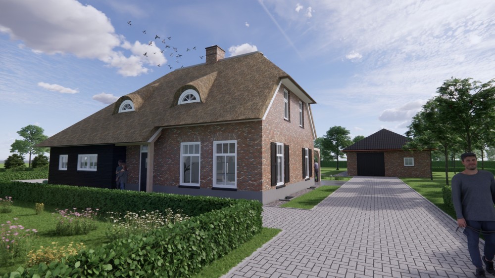 3D Render van boerderijwoning met rieten schilddak, houten accenten en metselwerkgevel 4