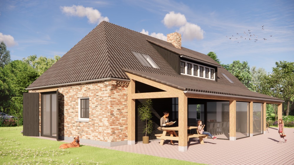 Afbeelding van Boerderijwoning met wolfsdak, gegolfde dakpannen en houten accenten - 4bc53e60-f8b2-4fa3-be1c-bc770d629eeb