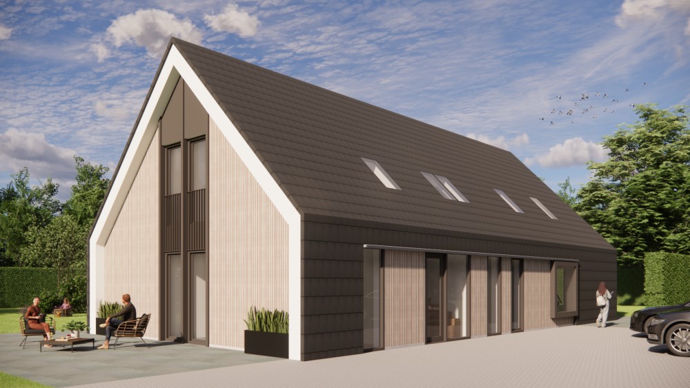 Afbeelding van Moderne schuurwoning met zadeldak, houtaccent en vlakke dakpannen - 3ca6a6c9-9495-45d3-a447-591a231d594b