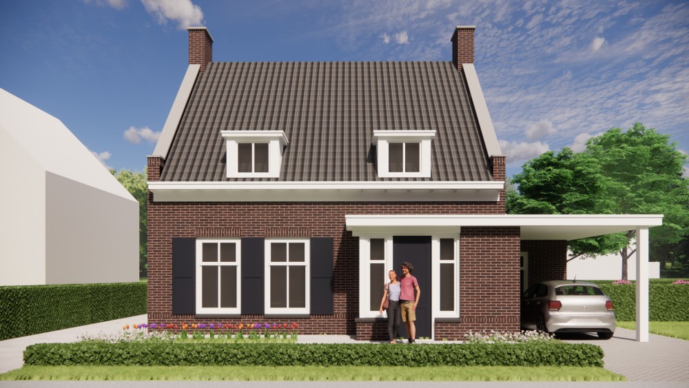 3D Render van vrijstaande jaren 30 nieuwbouw met metselwerkgevel, zadeldak en dakkapel 5