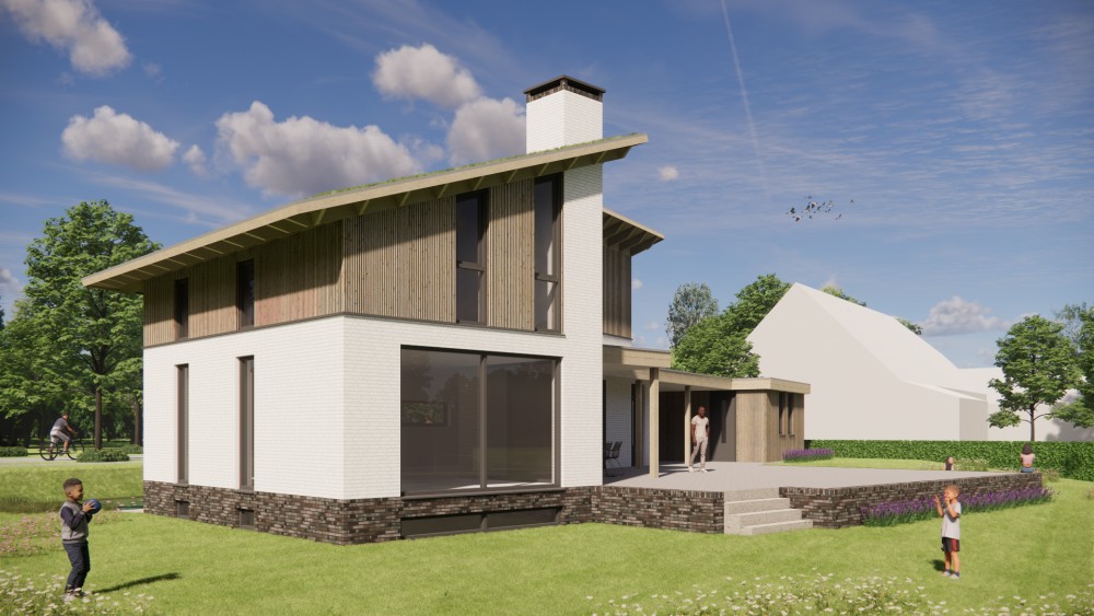 3D Render van duurzame woning met houten gevels, groendak en dakoverstek 5