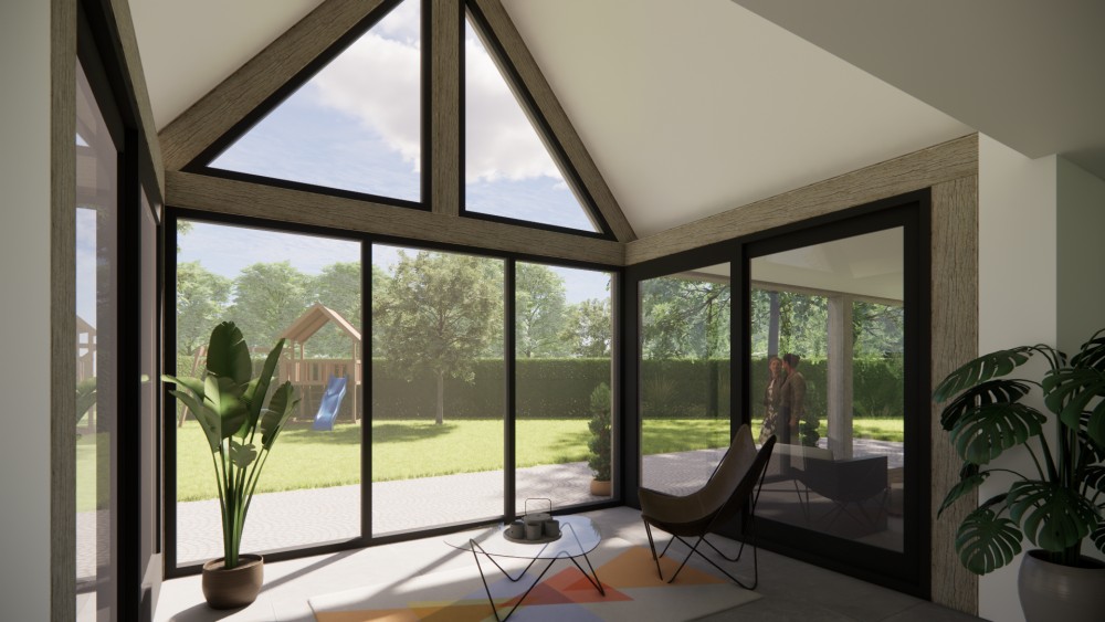 3D Render van moderne vrijstaande woning met metselwerk gevels en zadeldak met vlakke dakpannen 8