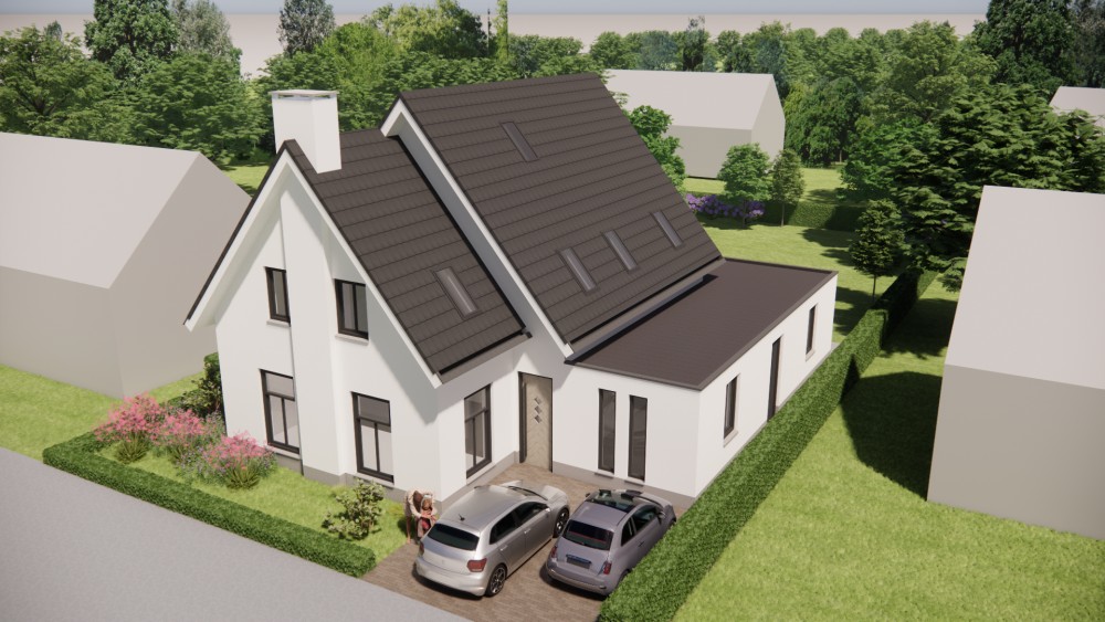 3D Render van gepleisterde gezinswoning met zadeldak, houten kozijnen en ingetogen detaillering 8