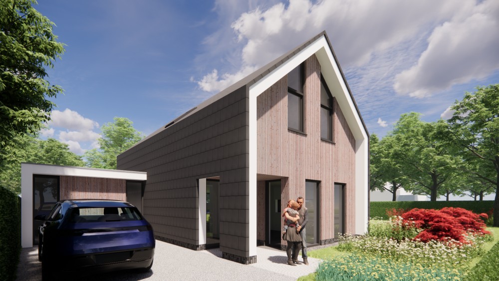 3D Render van eigentijdse schuurwoning met zadeldak bruine houten gevel en vlakke dakpannen 4