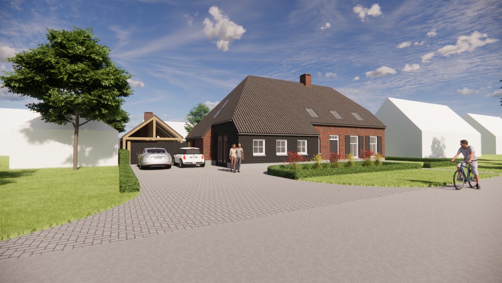 Afbeelding van Landelijke boerderijwoning met wolfsdak, gegolfde dakpannen en houten accenten - a64d5015-9754-4ab9-a915-ccee9afcf2af