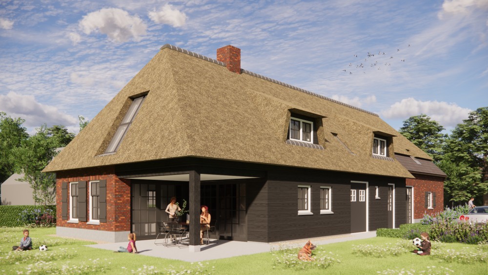 Afbeelding van Rietgedekte landelijke woning met rood metselwerk en houten accenten - c52dae6b-876f-4c54-ae88-a65d0093bb82