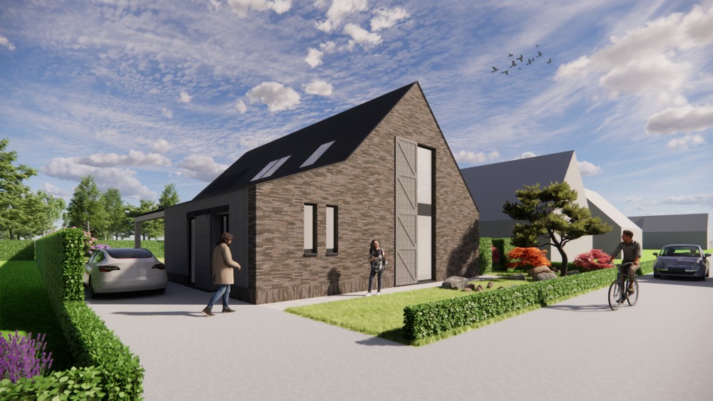 Afbeelding van Schuurwoning met vlakke dakpannen, houten luiken en metselwerkgevels - d6eb124c-757c-49e5-b62e-aaf2d15e217f