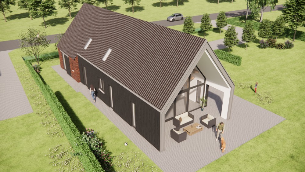 3D Render van moderne schuurwoning met metalen en metselwerk gevel 9