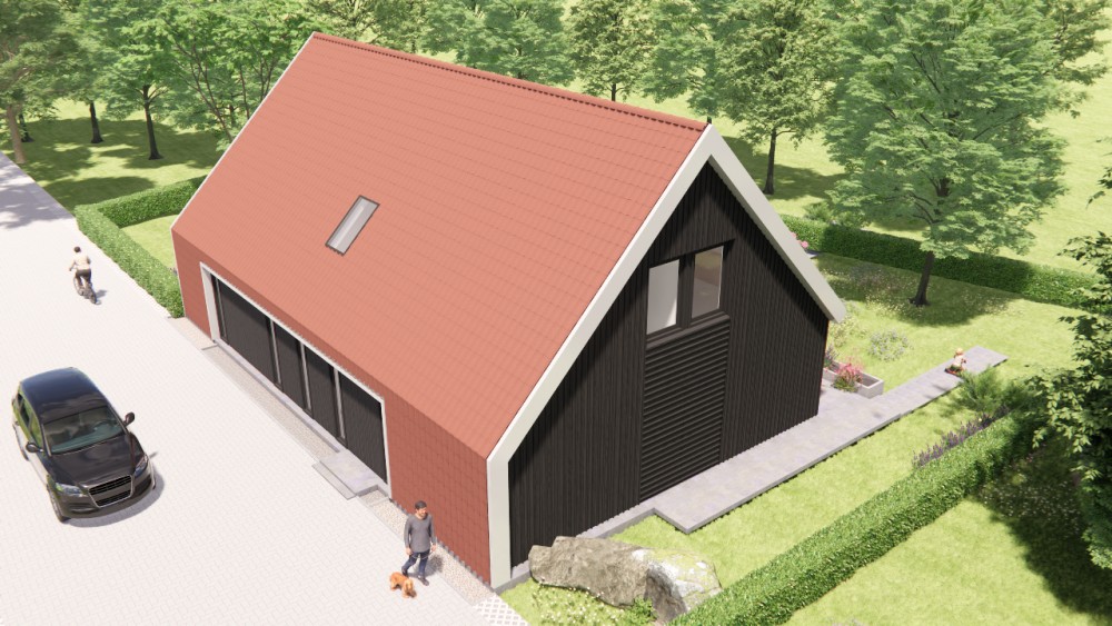3D Render van schuurwoning met houten gevels, zadeldak en rode gegolfde dakpannen 8
