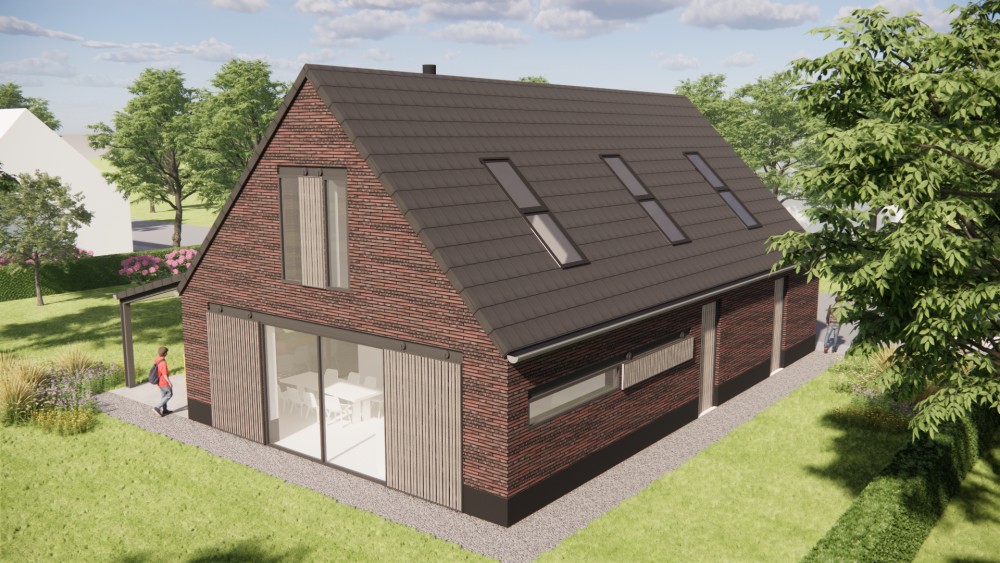 3D Render van vrijstaande schuurwoning met metselwerk gevels en zadeldak met vlakke dakpan 10