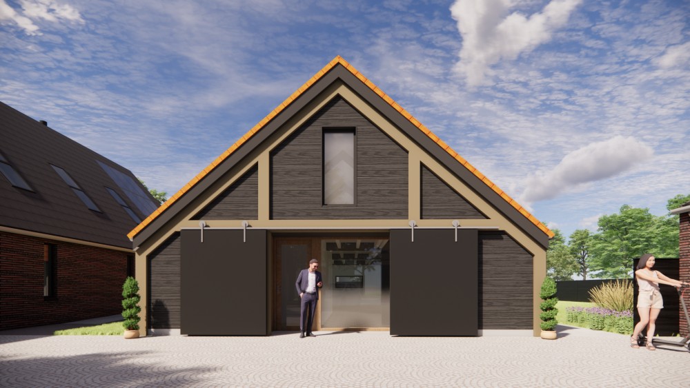 3D Render van vrijstaande schuurwoning met houten gevel, zadeldak met vlakke dakpannen en overdekte entree 4