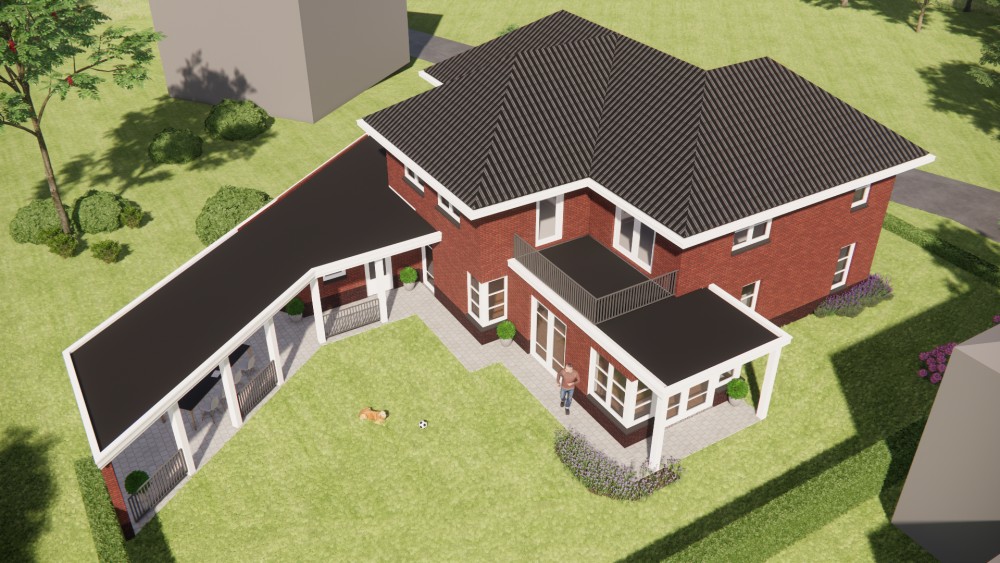 3D Render van vrijstaand jaren 30 huis met metselwerkgevels en schilddak met gegolfde dakpannen 9